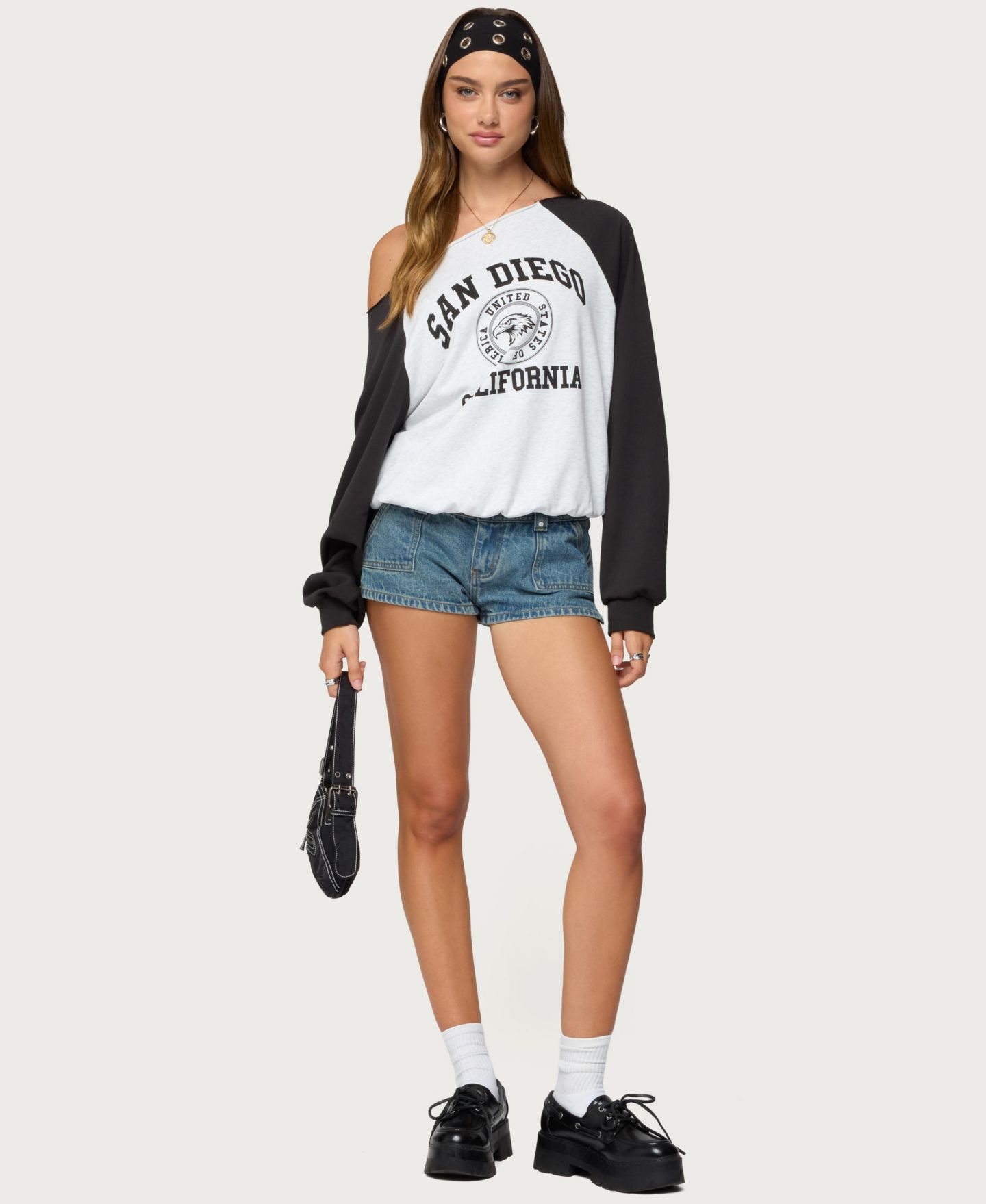 Женский свитшот Edikted San Diego Off Shoulder Raglan, цвет: Серый меланжевый чёрный — фото 5
