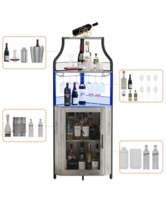 Corner Bar Cabinet: 5-tier industrial design with LED lights, glass holder, and adjustable shelves for liquor, wine, coffee