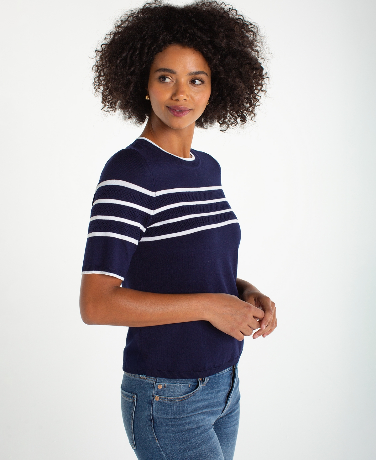 Liverpool Los Angeles Petite Crewneck Stripe Detail Sweater