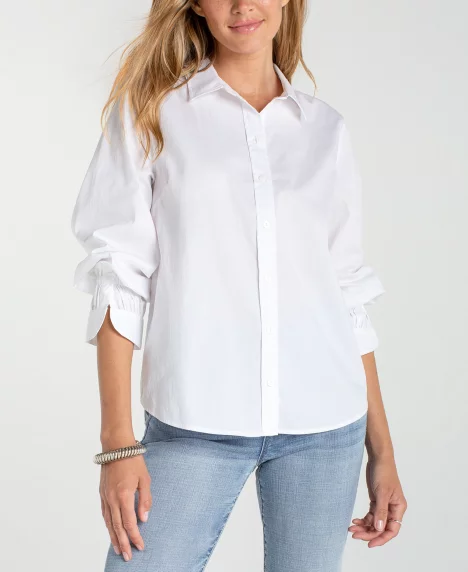 Women's Petite Adjustable Sleeve Woven Top - White