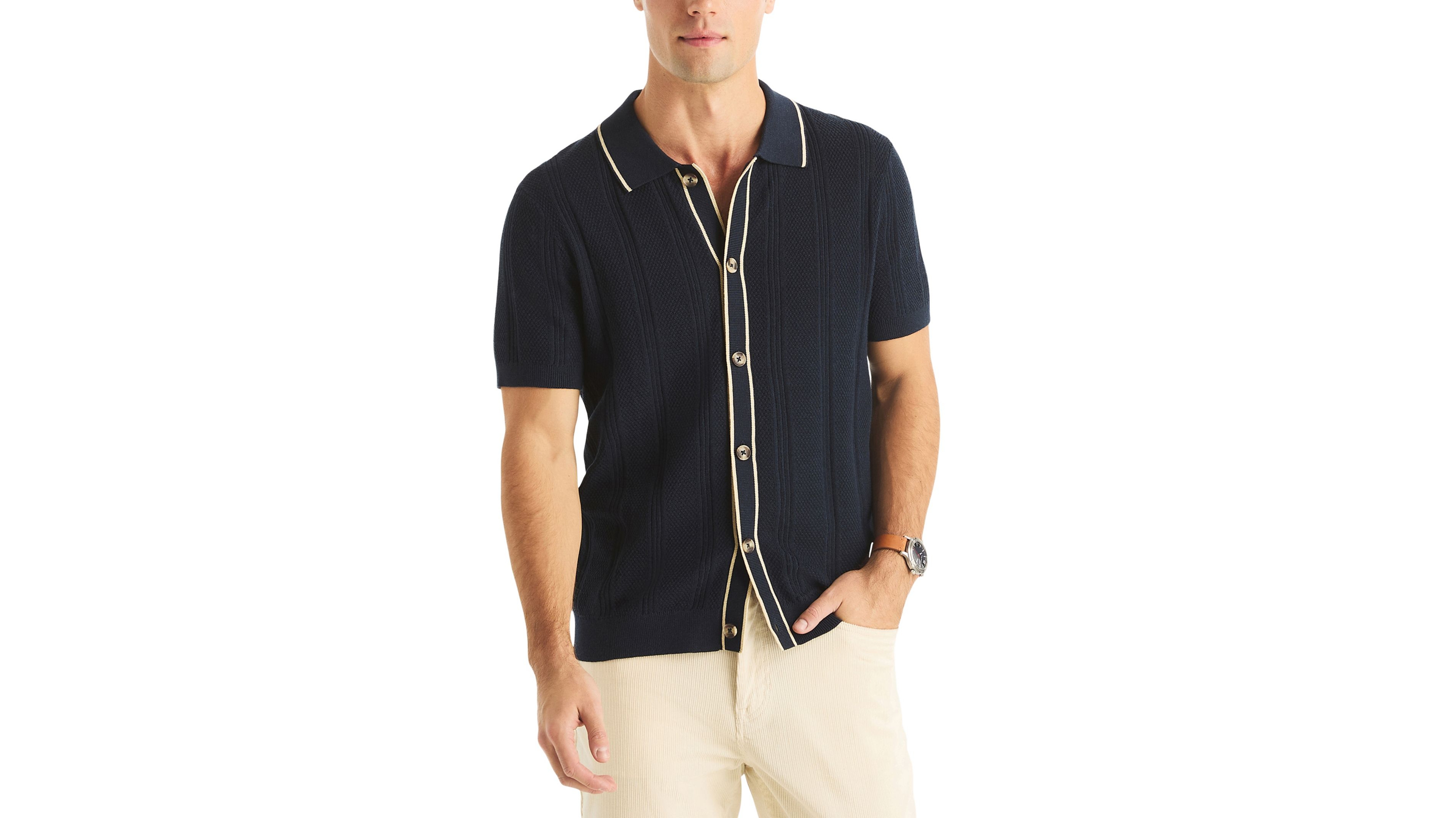 Nautica Men's Textured Open Front Polo Sweater