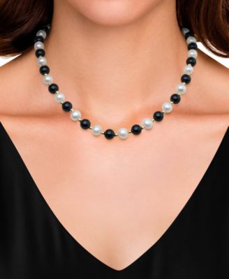 Freshwater Pearl (7.5-8.5mm), Black Onyx and Gold Bead Necklace in 10k Yellow Gold