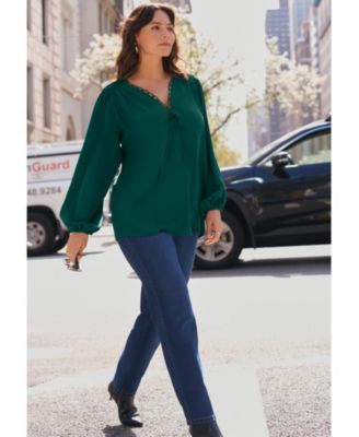 Women's Plus Size Scallop Trim Peasant Blouse