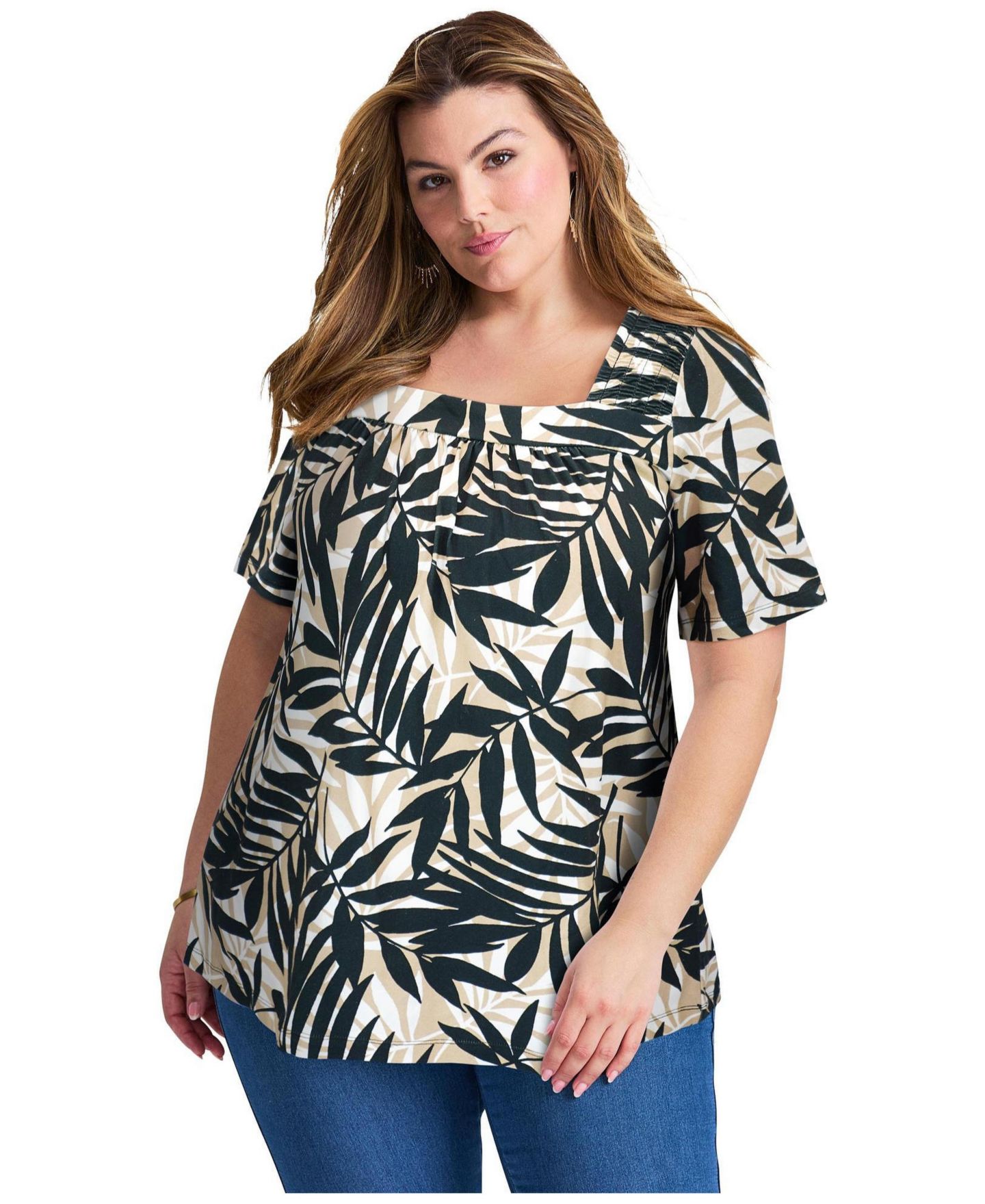 Женский топ Avenue Plus Size Smocked Squareneck, цвет: Нейтральный — фото 1