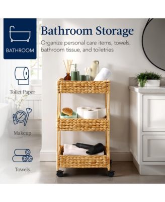 3-Tier Water Hyacinth Rolling Utility Cart w/ Weaved Baskets