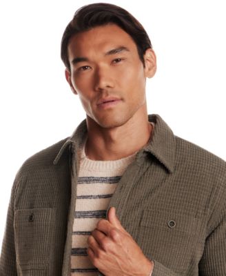 Men's Grid Collared Shirt Jacket, Fuzzy Striped Crewneck Sweater, and Straight-Fit Stretch Ribstop Pants