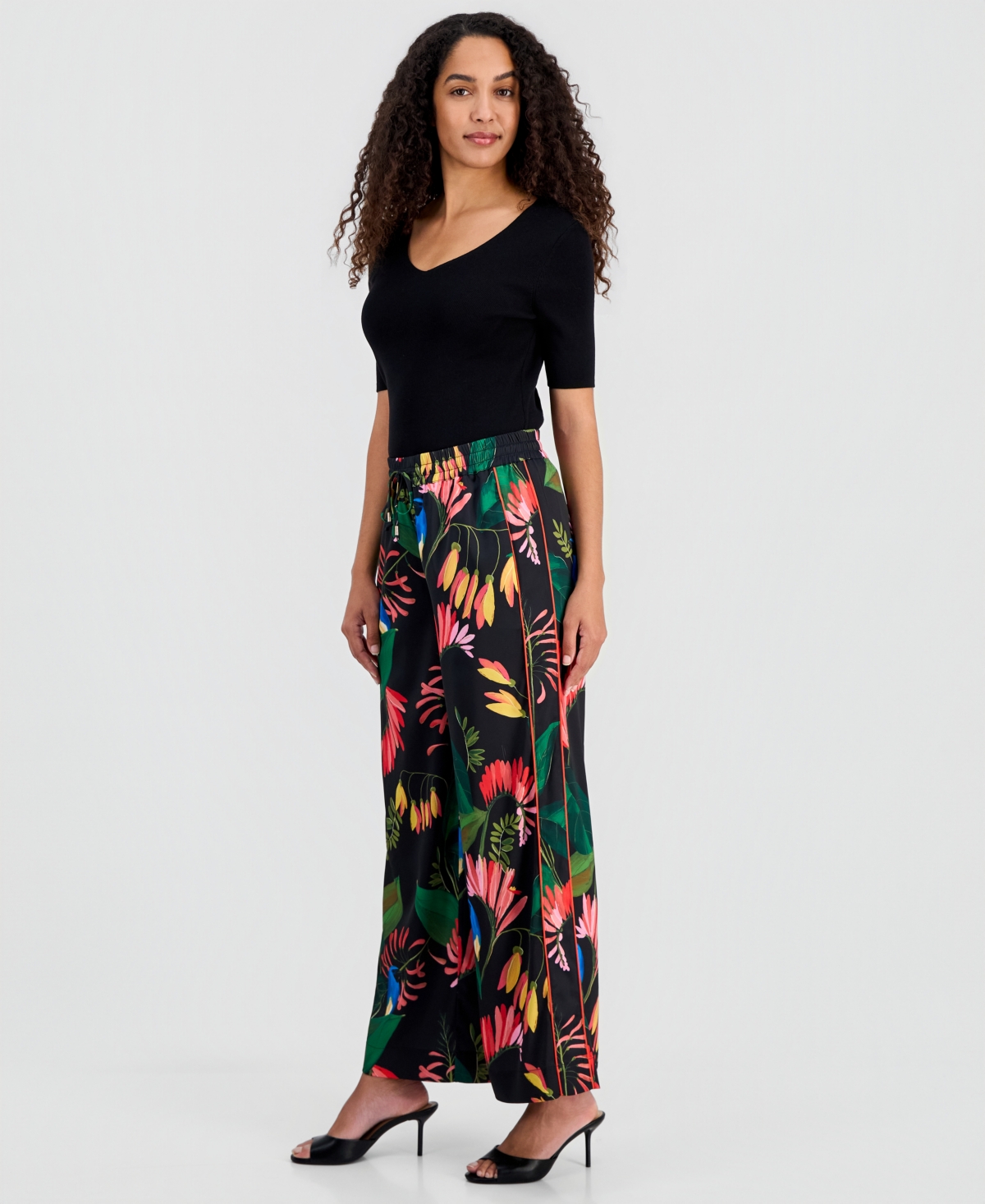 T Tahari Women's Floral Wide-Leg Pull-On Pants