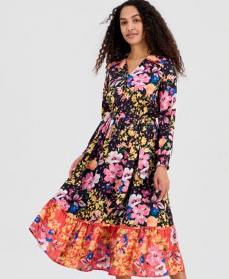 Women's Mixed Floral-Print Tiered Fit & Flare Dress
