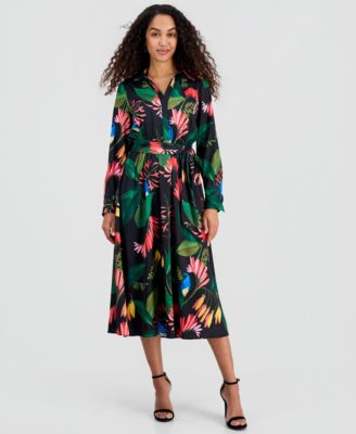 Women's Floral-Print Tie-Belt Fit & Flare Dress