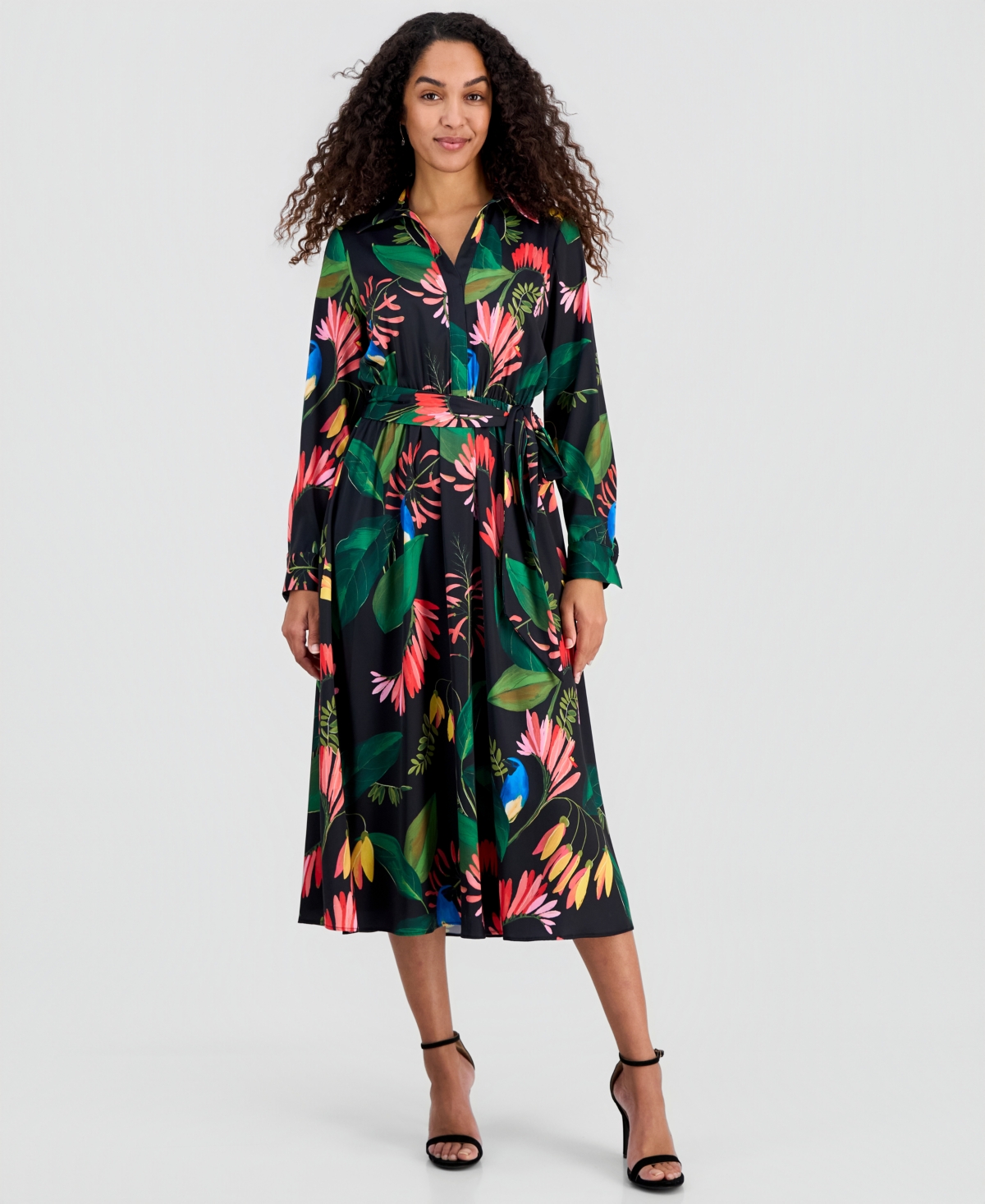 T Tahari Women's Floral-Print Tie-Belt Fit & Flare Dress