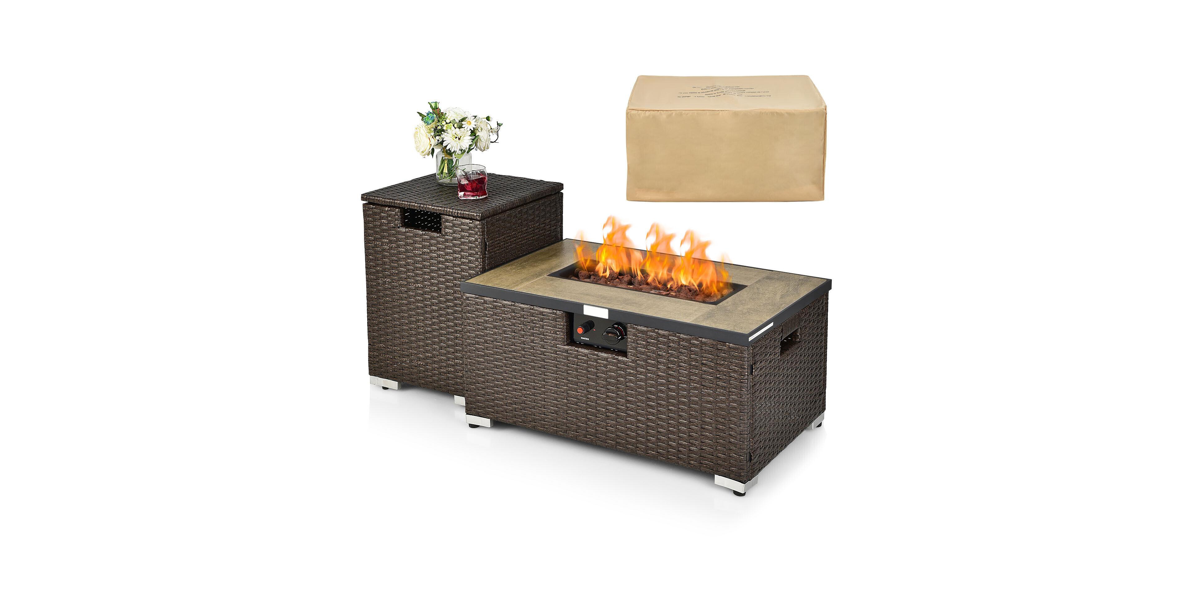 Sugift 32 x 20 Inch Propane Rattan Fire Pit Table Set with Side Table Tank and Cover