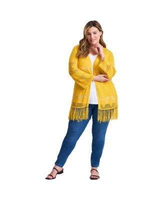 Women's Plus Size Pointelle Fringe Cardigan