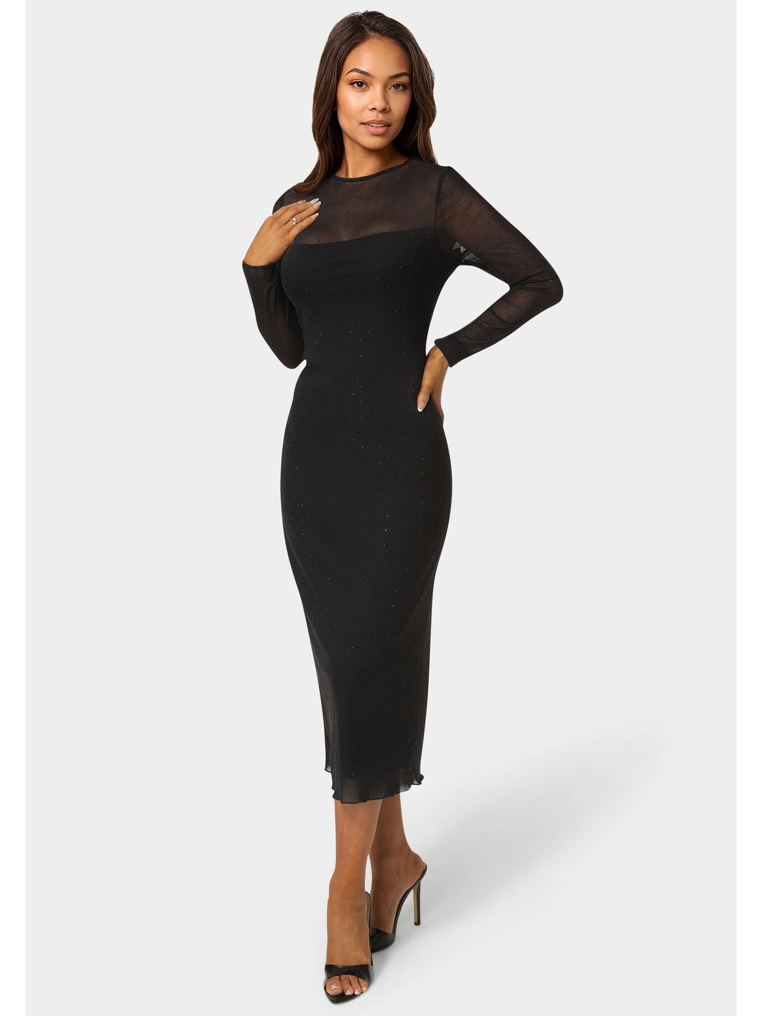 Women's Rhinestone Mesh Long Sleeve Maxi Dress