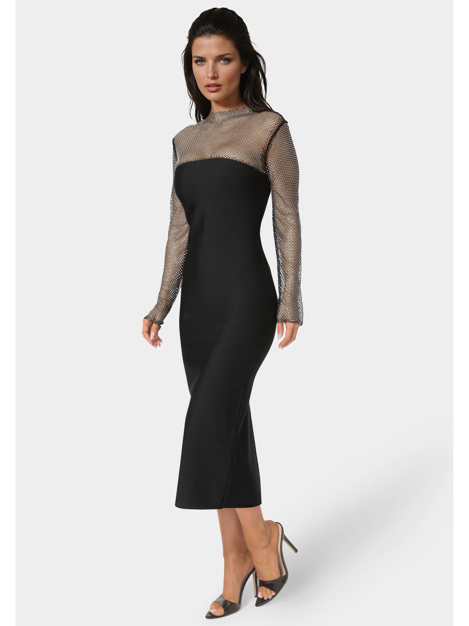 Women's Long Sleeve Midi Dress With Crystal Mesh Combo