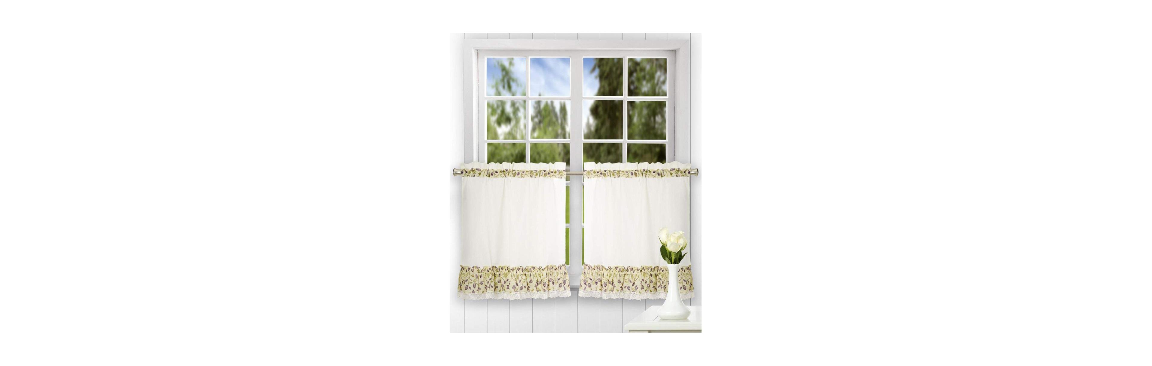 Ellis Curtain Clarice High Quality 2-Piece Leafy Branch Patterned Ruffled Tier Pair Window Curtains
