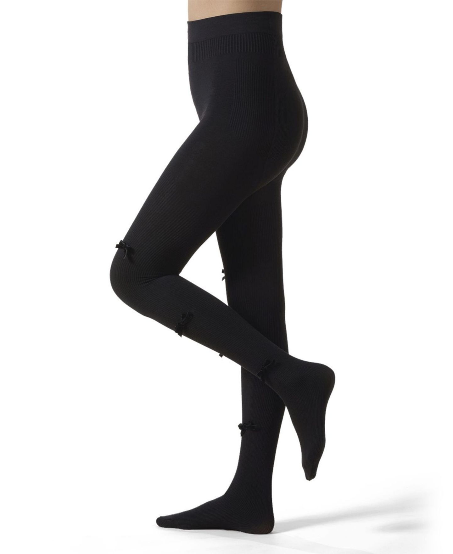 Женские колготки MeMoi Ribbed Velvety-Bow-Trimmed Cotton Blend Tights, цвет: Чёрный — фото 1