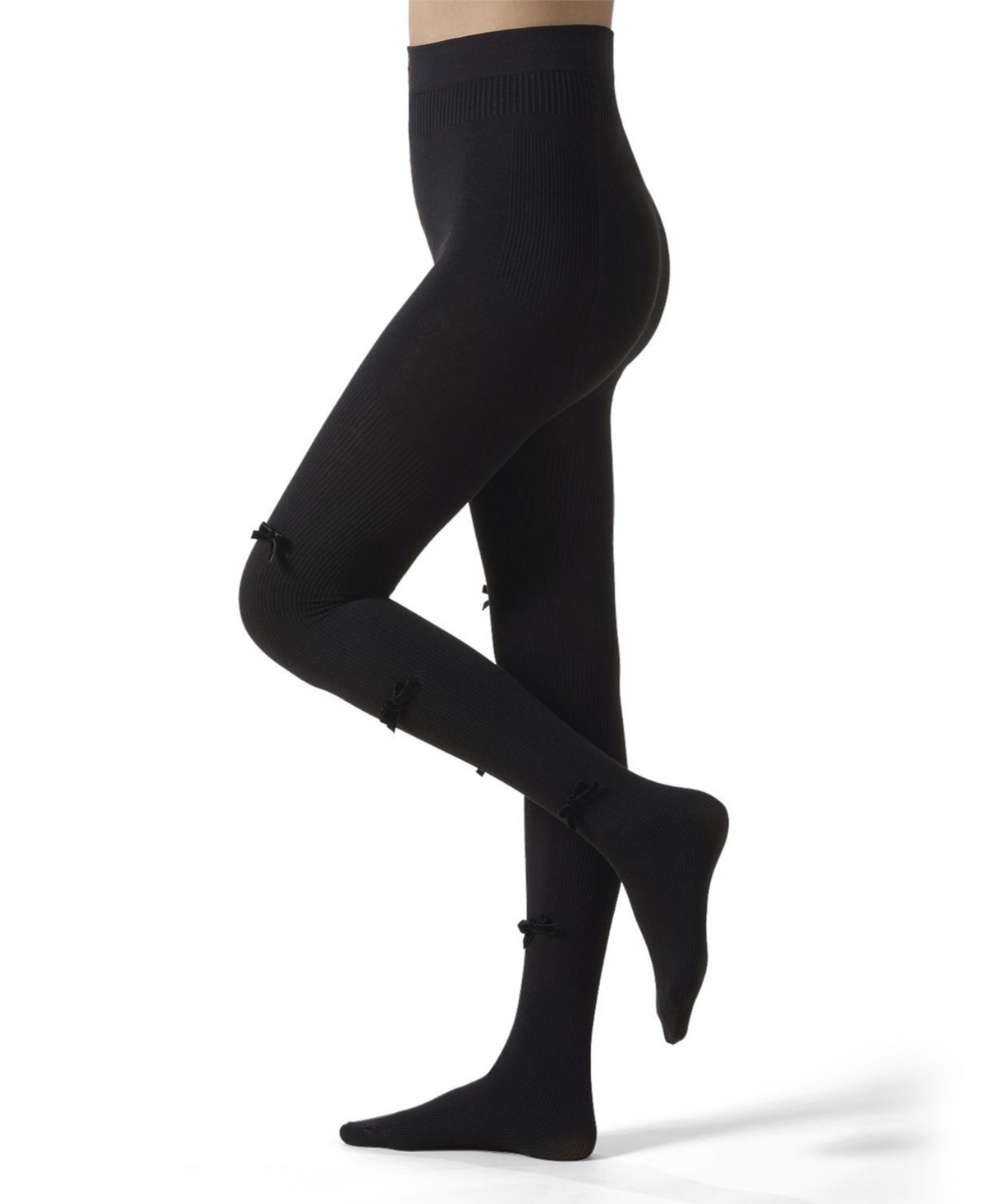 Memoi Women's Ribbed Velvety-bow-trimmed Cotton Blend Tights In Black