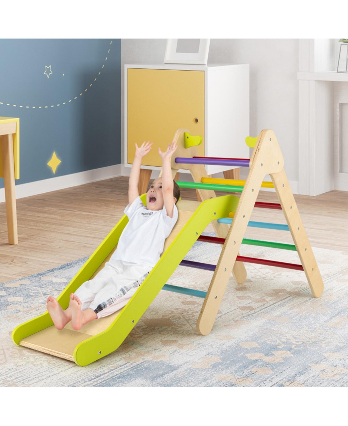 2-in-1 Wooden Triangle Climber Set with Gradient Adjustable Slide