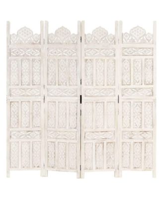 Hand carved 4-Panel Room Divider White 63"x65" Solid Mango Wood