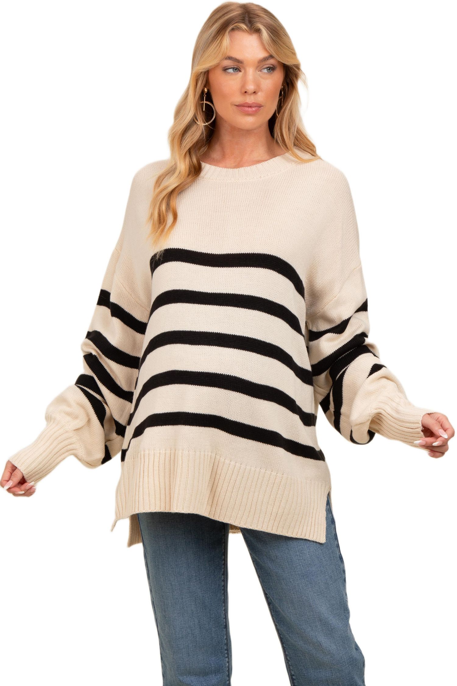Women's Striped Oversized Side Slit Sweater