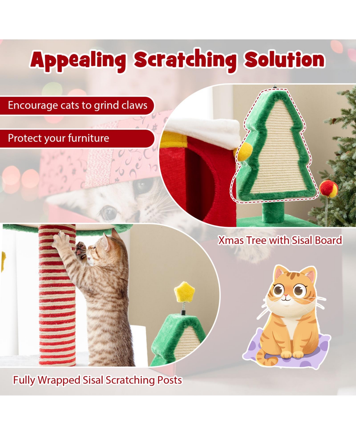 Skonyon 61" Christmas Cat Tree Tower – Plush Multi-Level Indoor Cat Furniture with Gift Box Condos, Hat Perch, Sisal Scratching Posts & Toys