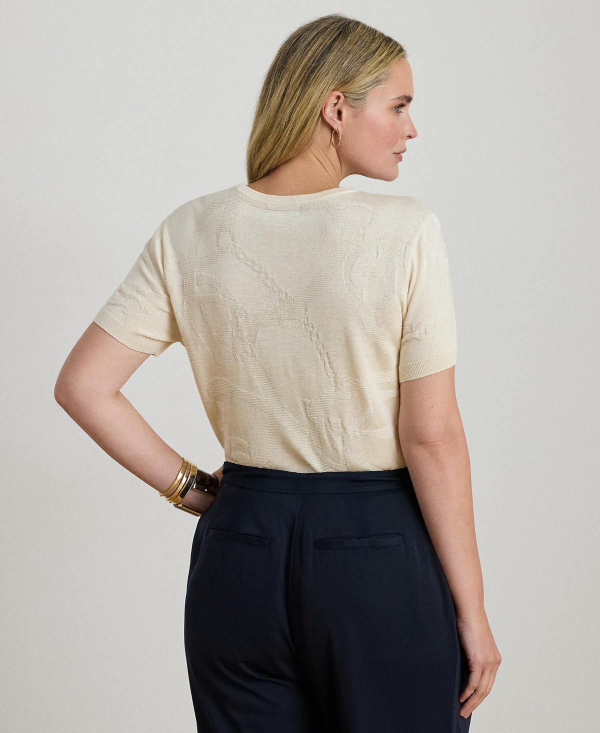 Ralph Lauren Plus Size Belting-motif Short-sleeve Sweater In Neutral