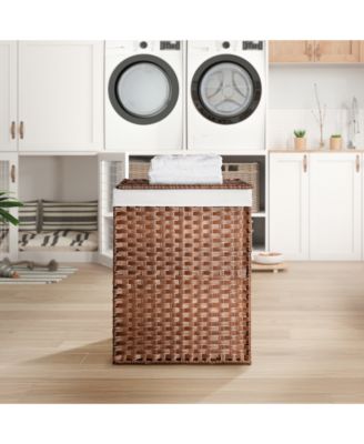 Laundry Hamper With Lid PE Rattan Powder Coating Frame Clothes Hampers with 01 Removable Bags, 100L