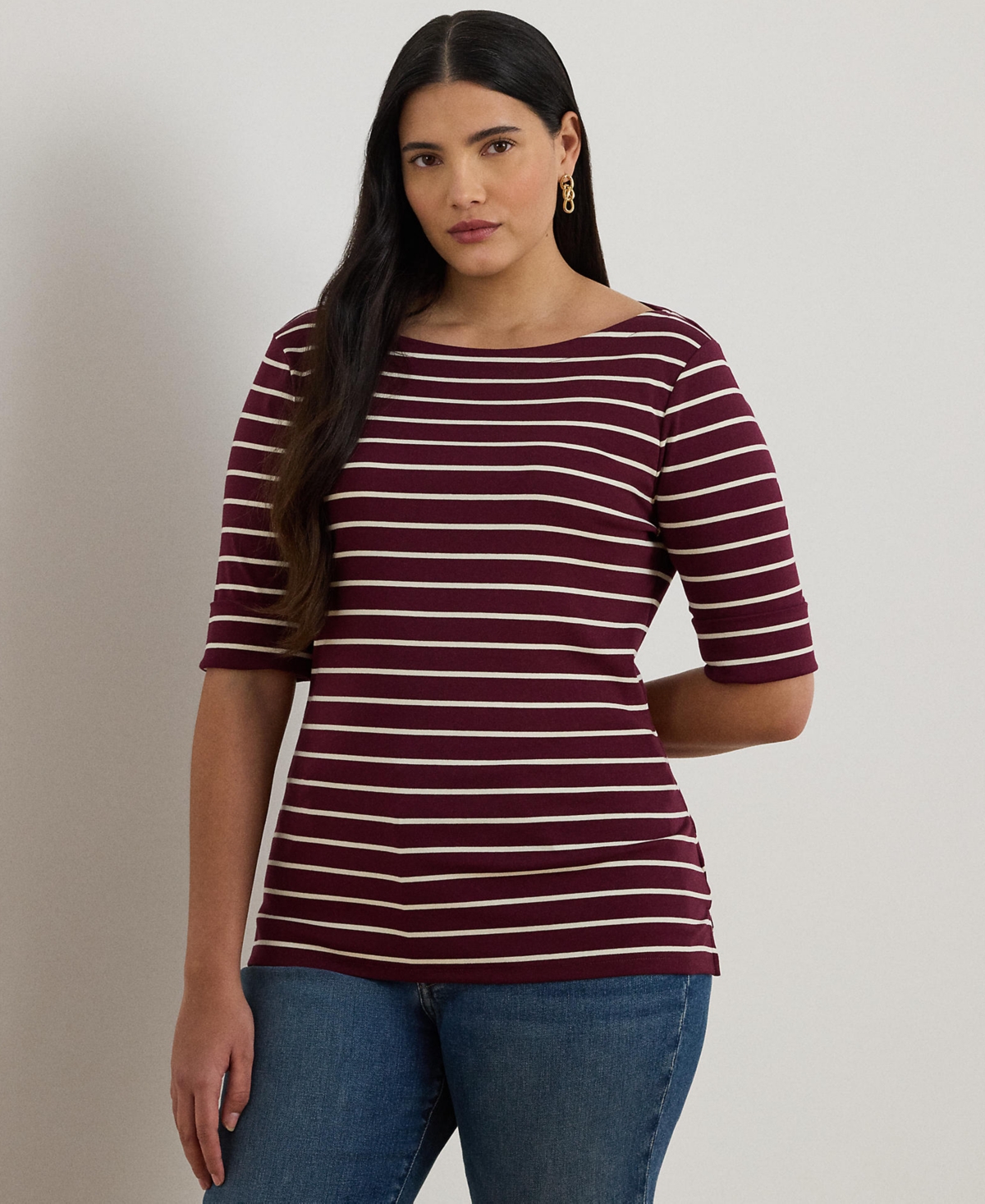 Ralph Lauren Plus Size Striped Stretch Boat Neck T-shirt In Burgundy