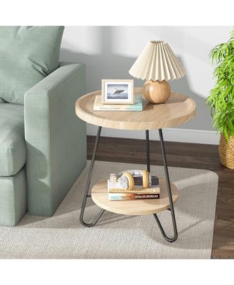Set of 2 Round Side Table, 2-Tier End Table with Metal Legs, Modern Industrial Beside Table, Small Accent Table Snack Table for Living Room, Bedroom, Small Space