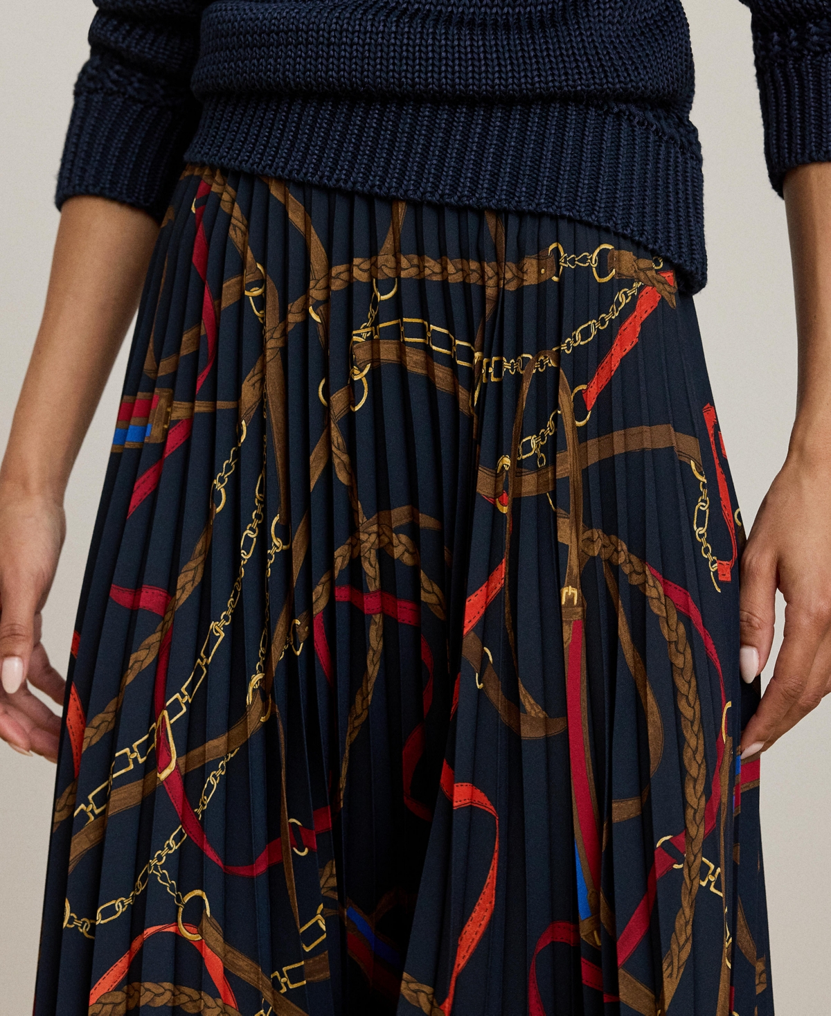 Lauren Ralph Women's Belting-Print Pleated Midi Skirt