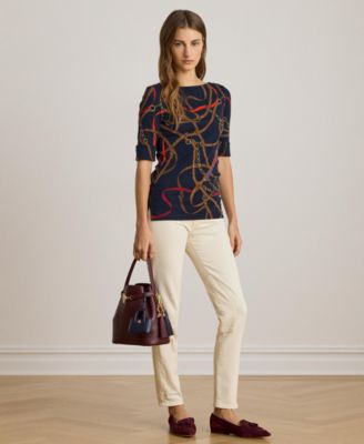 Women's Belting Print Boat Neck T-Shirt