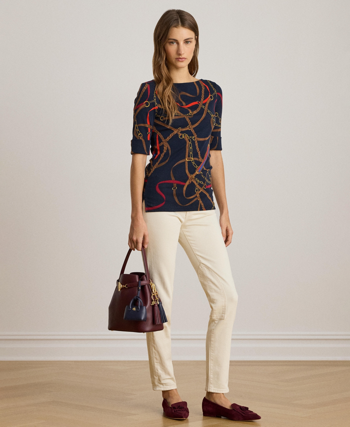 Lauren Ralph Women's Belting Print Boat Neck T-Shirt