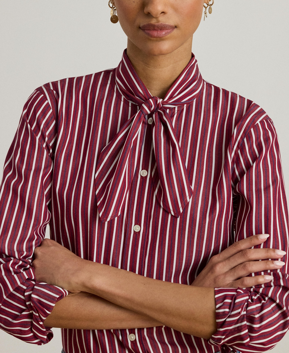 Lauren Ralph Women's Striped Broadcloth Tie-Neck Shirt