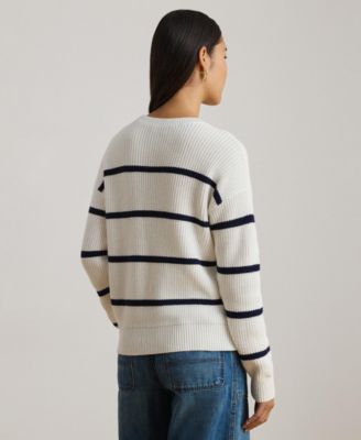 Women's Striped Rib-Knit Cotton Crew Neck Sweater