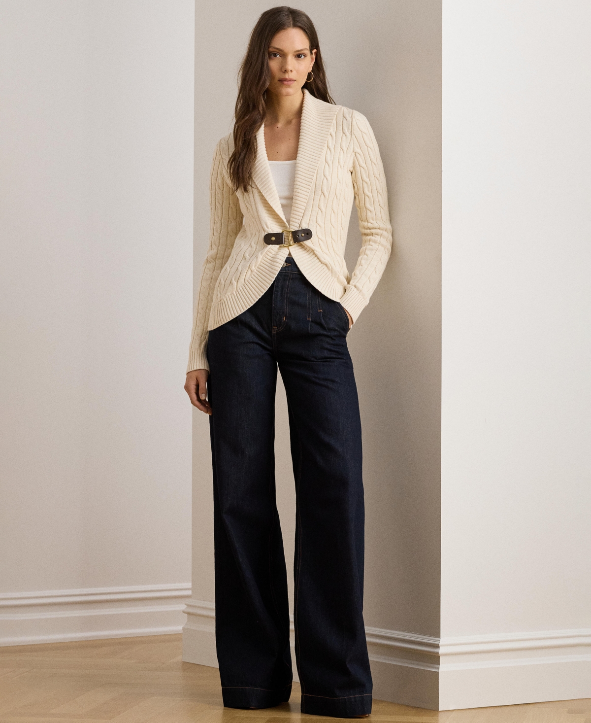 Ralph Lauren Lauren  Gassed Cable Stitch Belted Cardigan In Multi