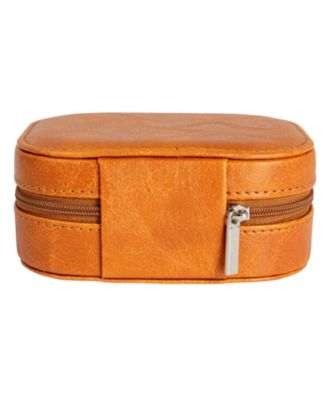 Small Leather Travel Jewelry Organizer Box, Caramel Color