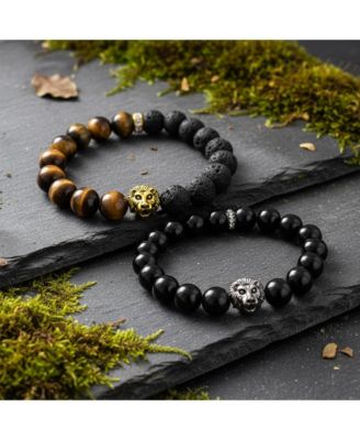 Set of 2 Lion Face Natural Onyx Tiger Eye & Lava Rock Bead Stretch Bracelet Gold Plated
