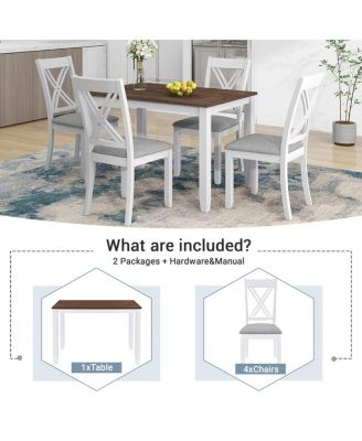 5-Piece Rustic Dining Table Set for Small Spaces, Wood Kitchen Table with 4 X-Back Chairs, White and Walnut Finish