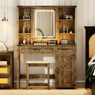 40" Farmhouse Makeup Vanity with LED Mirror & Charging Station