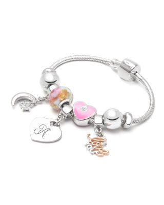 Little Girls Sterling Silver Adore Charm Engraved Initial Bracelet
