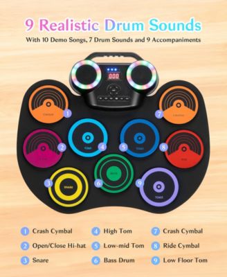 Colorful Roll-Up Electronic Drum Set with Flashing Lights, Dual Speakers & Headphone Jack for Kids