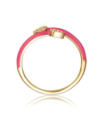 Young Adults/Teens Sterling Silver 14k Gold Plated Cubic Zirconia Bypass Magenta Pink Enamel Stacking Ring