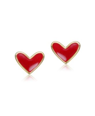 14K Gold Plated with Red Enamel Heart Stud Earrings