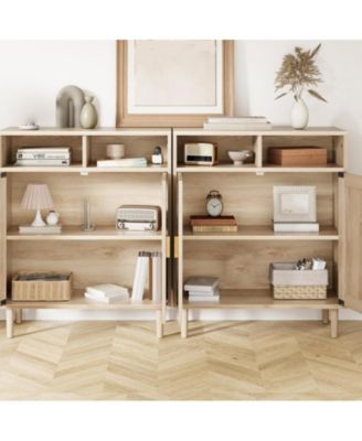 2PCS Rattan Buffet Cabinet with Storage,2 Door Kitchen Storage Cabinet with Shelves, Wood Sideboard Cabinet for Kitchen,Shoe Cabinet Storage for Entryway Living Room Dining Room Bedroom