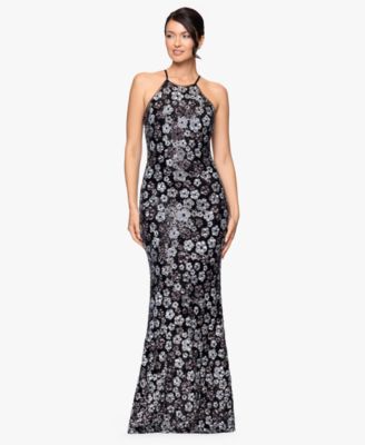 Betsy & Adam - Petite All-Over Sequin Flower Halter Neck Long Dress