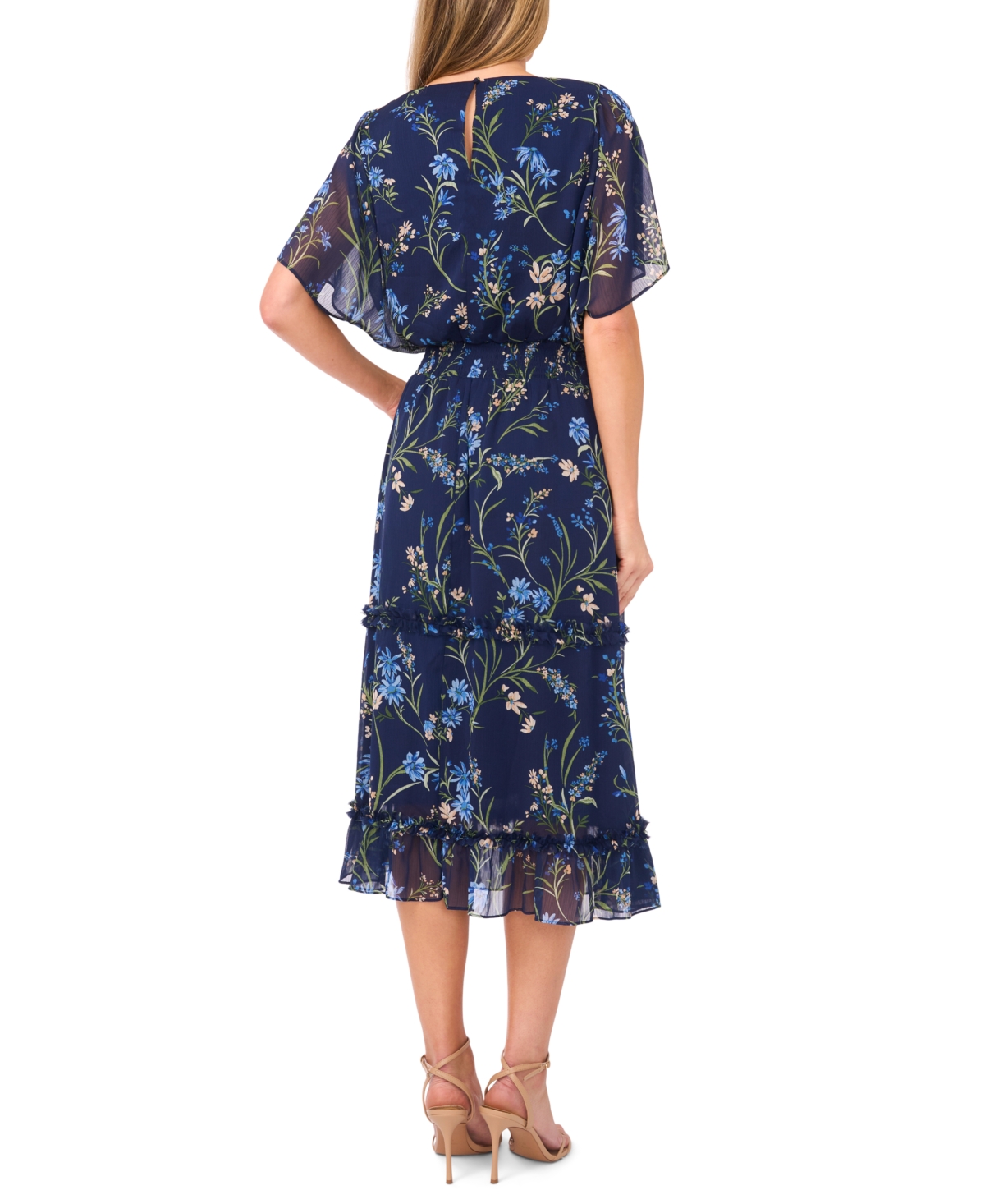 Cece Floral Smock Waist Midi Dress In Blue