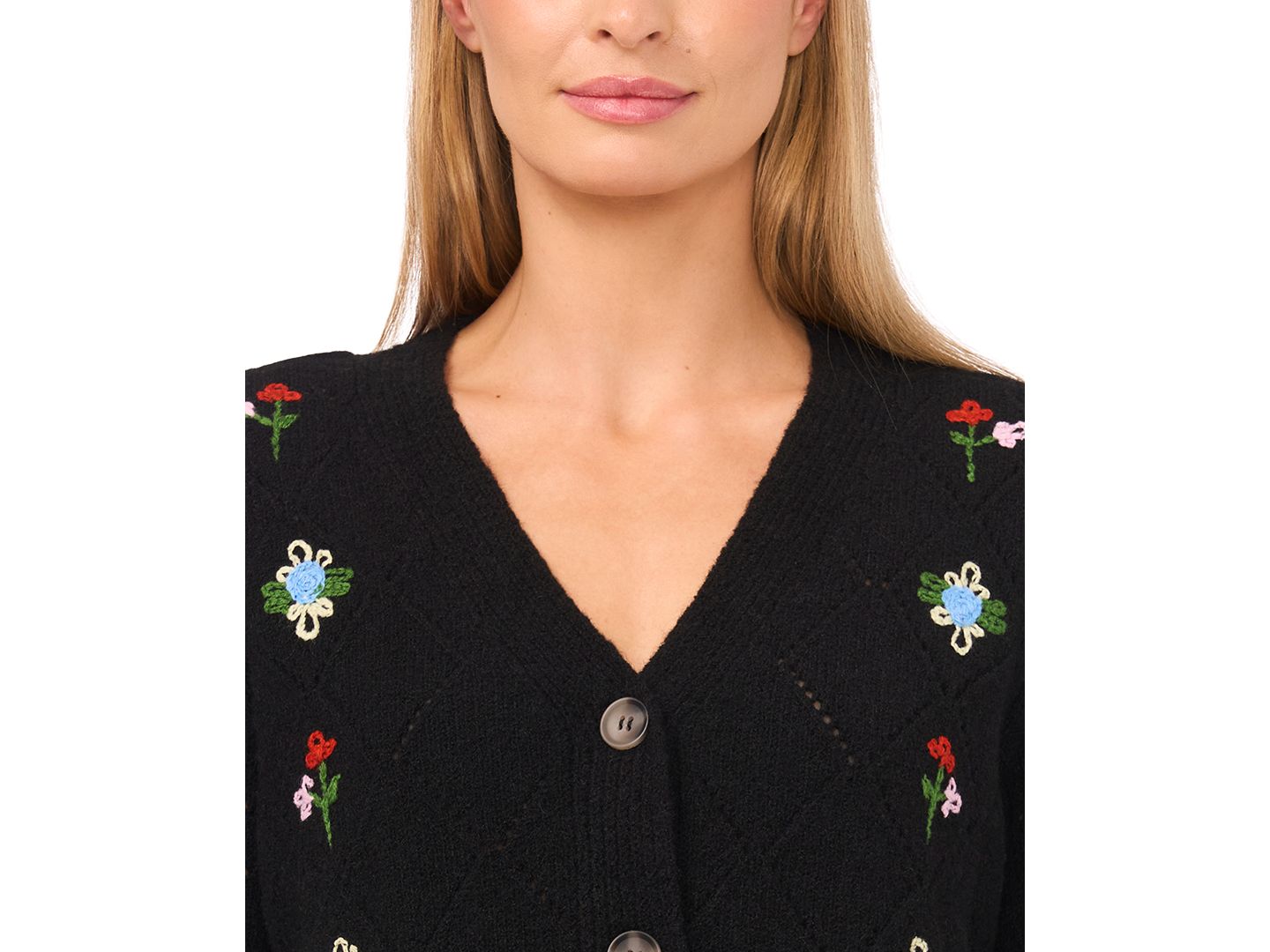 Женский кардиган CeCe Flower Embroidery Long-Sleeve Cardigan, цвет: Насыщенный чёрный — фото 2