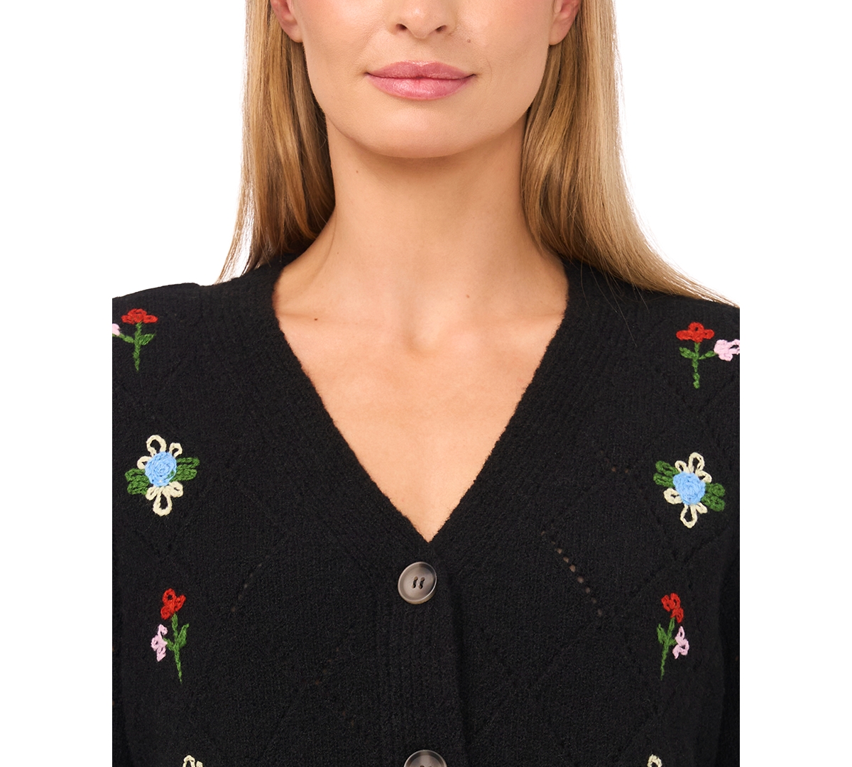 CeCe Women's Flower Embroidery Long-Sleeve Cardigan Sweater
