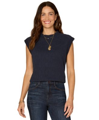 Democracy - Petite Extended Cap-Sleeve Crewneck Mixed Media Knit Top