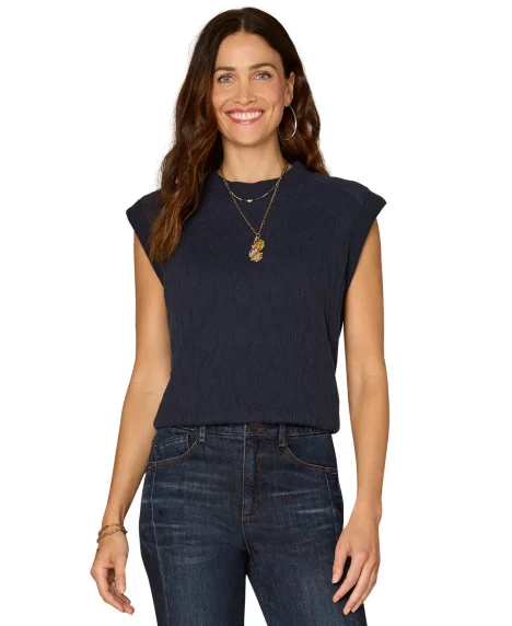 Petite Extended Cap-Sleeve Crewneck Mixed Media Knit Top - Heather Blue
